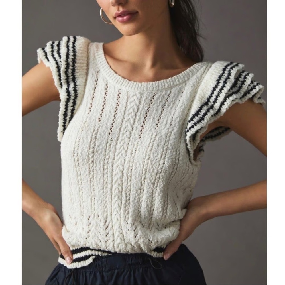 Anthropologie Maeve Cream Knit Sleeveless Top with Black Stripes NWOT
